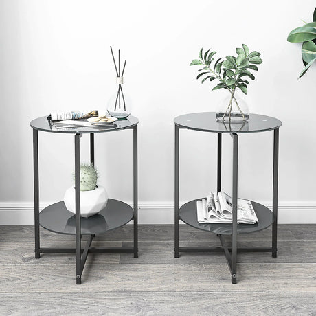 JWS Tempered Glass End Table (Set of 2), Round Coffee Table For Bedroom Living Room Office - Black - Furniture Home Direct