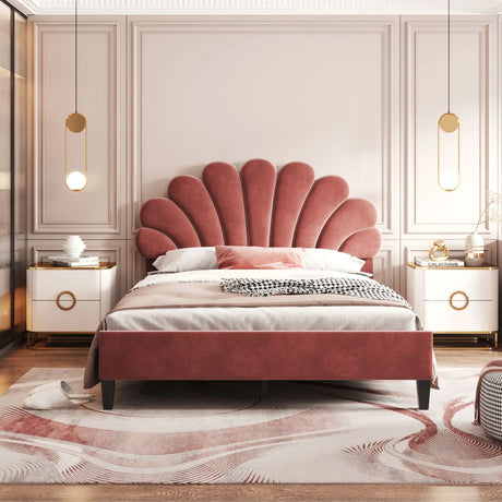 Upholstered Platform Bed With Flower Pattern Velvet Headboard - Furniture Home Direct