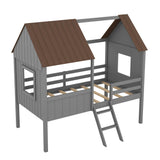 Twin Size Low Loft House Bed With Two Side Windows - Gray / Brown - Furniture Home Direct