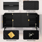 4 Door Sideboard Storage Cabinet For Living Room And Dining Room, 2 Large Cabinets With Gold Handles And Adjustable Shelf - Black