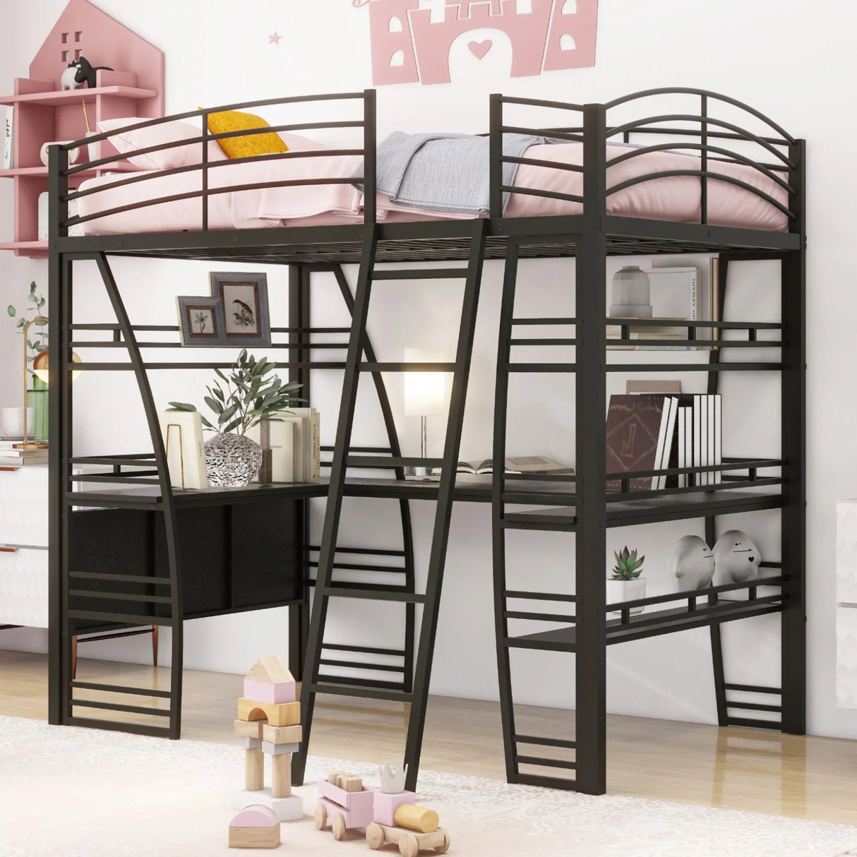 Loft Bed With 4 Layers Of Shelves And L-Shaped Desk, Stylish Metal Frame Bed With A Set Of Sockets, USB Ports And And Wireless Charging - Furniture Home Direct