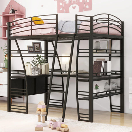 Loft Bed With 4 Layers Of Shelves And L-Shaped Desk, Stylish Metal Frame Bed With A Set Of Sockets, USB Ports And And Wireless Charging - Furniture Home Direct