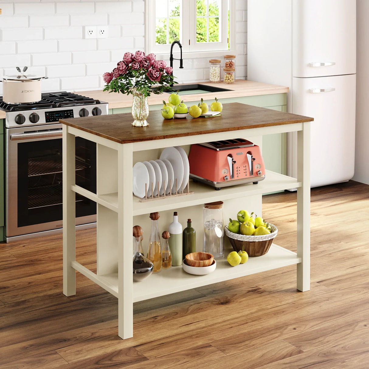 Kitchen Island Set With Stools 45 Inch Top Walnut Off White - Furniture Home Direct