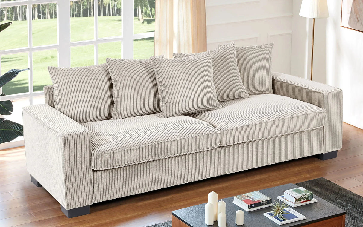 Luxe Corduroy Sofa With 5 Matching Toss Pillows, Sleek Design, Spacious And Comfortable 3 Seater Couch - Furniture Home Direct
