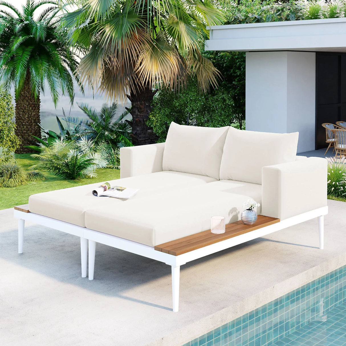 Outdoor Chaise Lounge Modern Cushions Wood Tray Beige - Furniture Home Direct