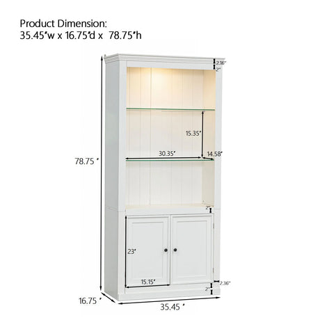 Retro Style Display Bookcase With Adjustable LED Ceiling Light And Tempered Glass Shelves - White - Furniture Home Direct