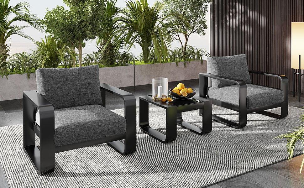 3 Piece Aluminum Frame Patio Furniture With 6.7" Thick Cushion And Coffee Table, All Weather Use Olefin Fabric Outdoor Chair - Gray / Black - Furniture Home Direct