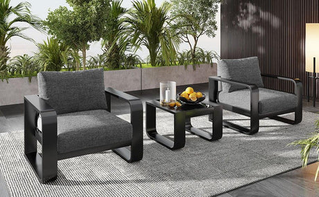 3 Piece Aluminum Frame Patio Furniture With 6.7" Thick Cushion And Coffee Table, All Weather Use Olefin Fabric Outdoor Chair - Gray / Black - Furniture Home Direct