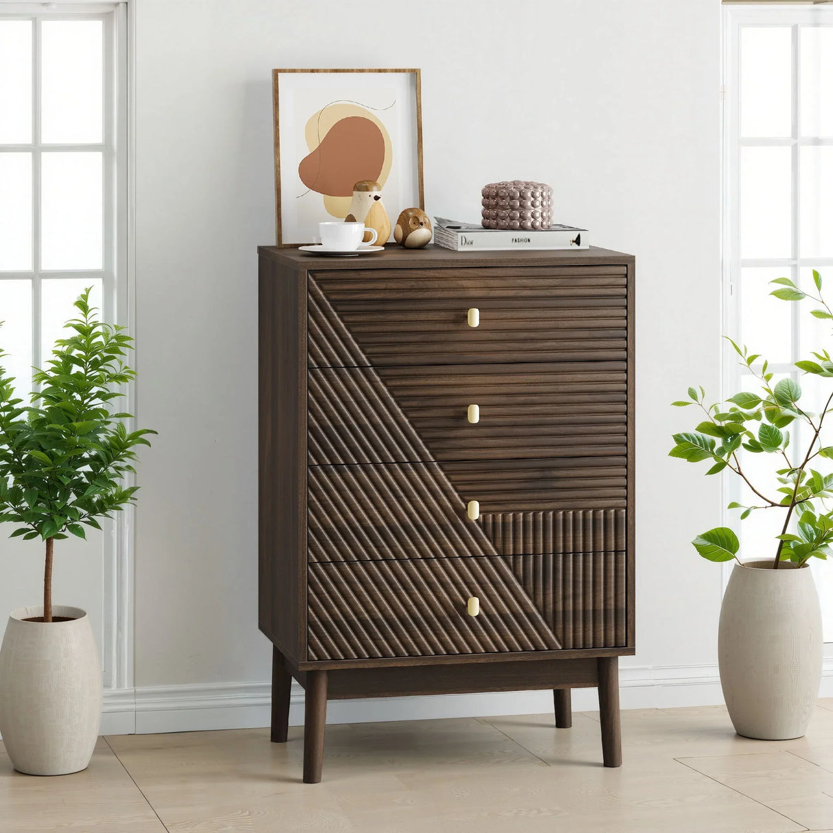 Modern 4 Drawer Dresser Chest For Living Room, Bedroom, Corridor Wooden Storage Cabinet - Walnut - Furniture Home Direct