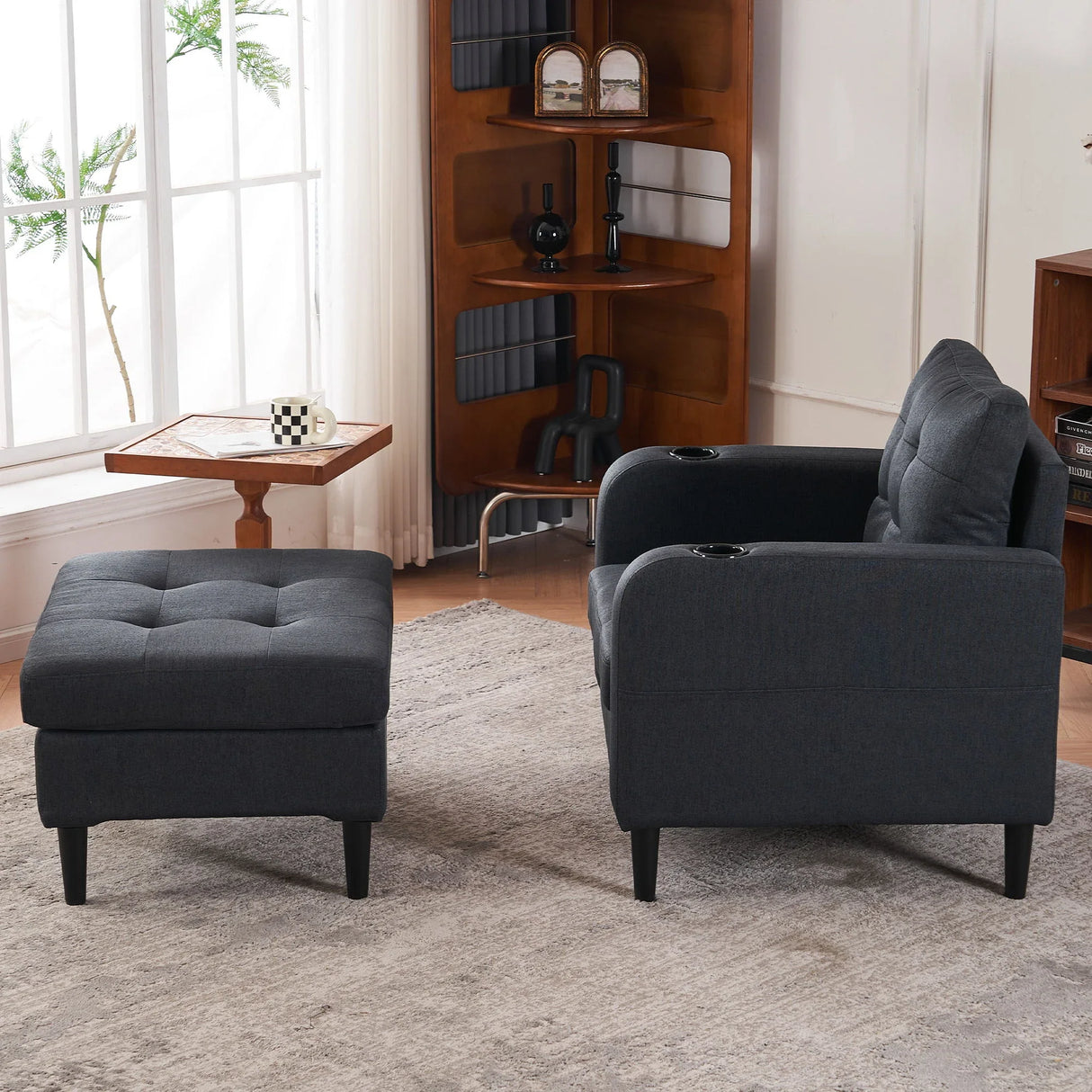 Upholstered Armchair And Storage Ottoman Set, Comfortable Single Sofa With Cup Holders And Tufted Detailing, Ideal For Living Room Or Bedroom - Furniture Home Direct