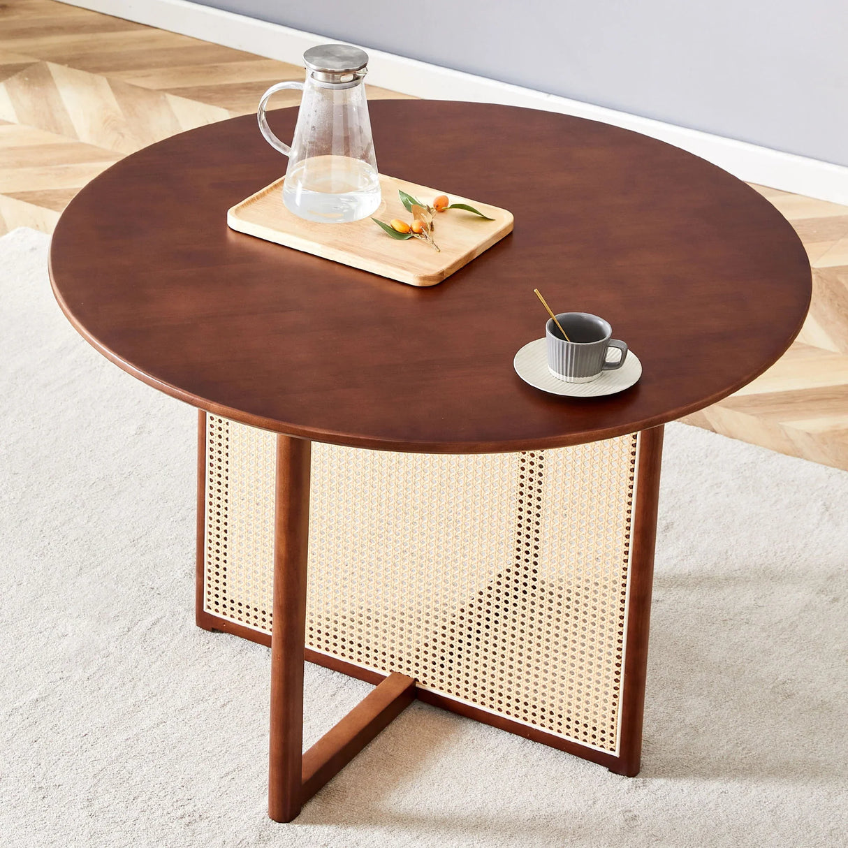 Retro Round Table With Imitation Rattan Rubber Wood - Walnut - Furniture Home Direct