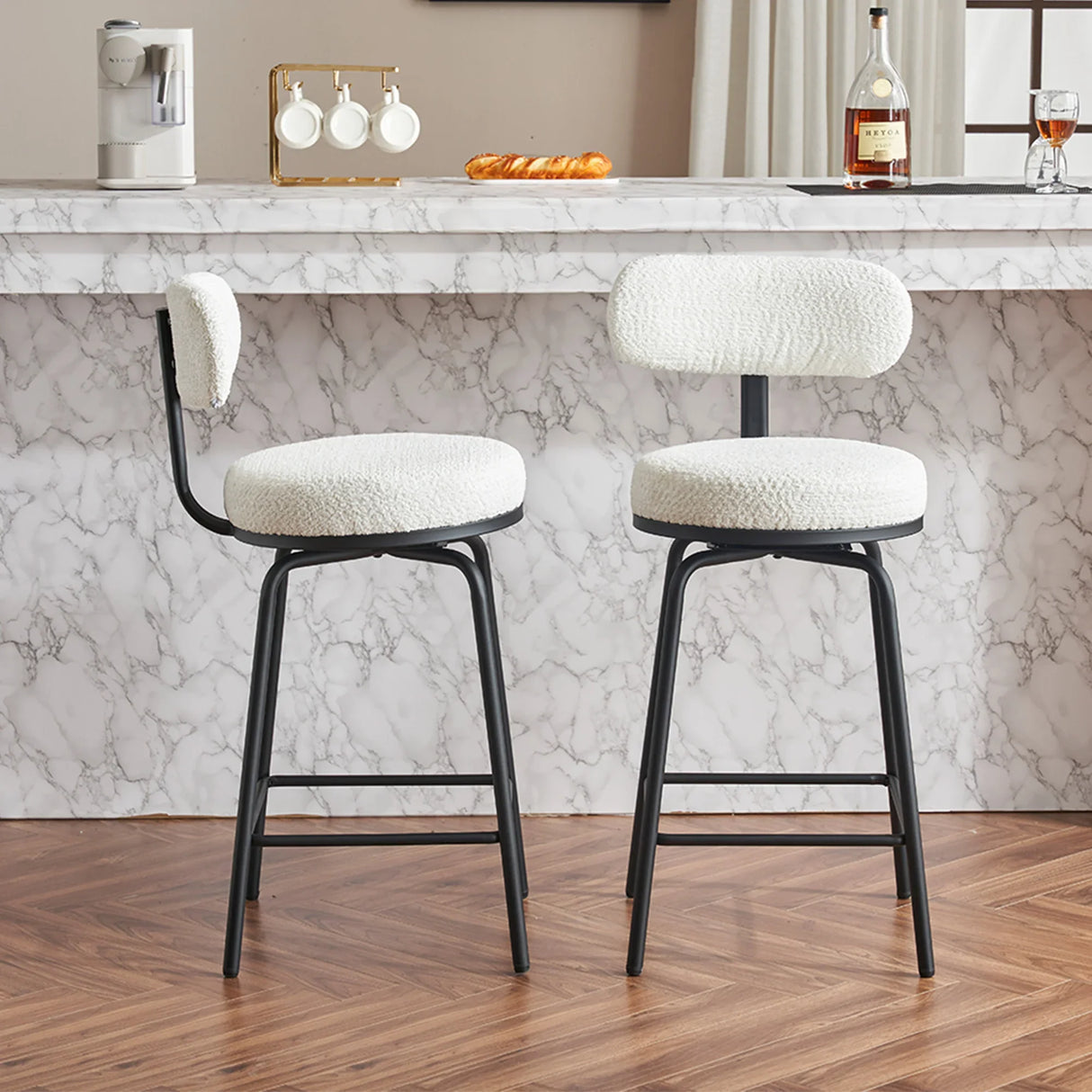 Counter Height Bar Stool Swivel Fabric Upholstery White - Furniture Home Direct