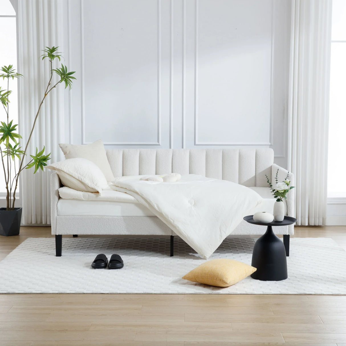 Elena - Boucle Upholstered Daybed, Ribbed Tufted Backrest - Furniture Home Direct