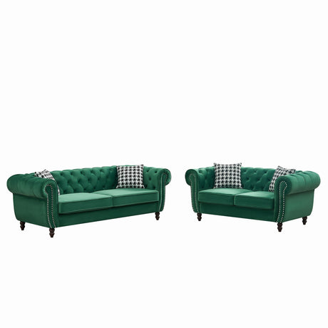 Chesterfield Velvet Sofa 3-Seater with Nailhead Roll Arms