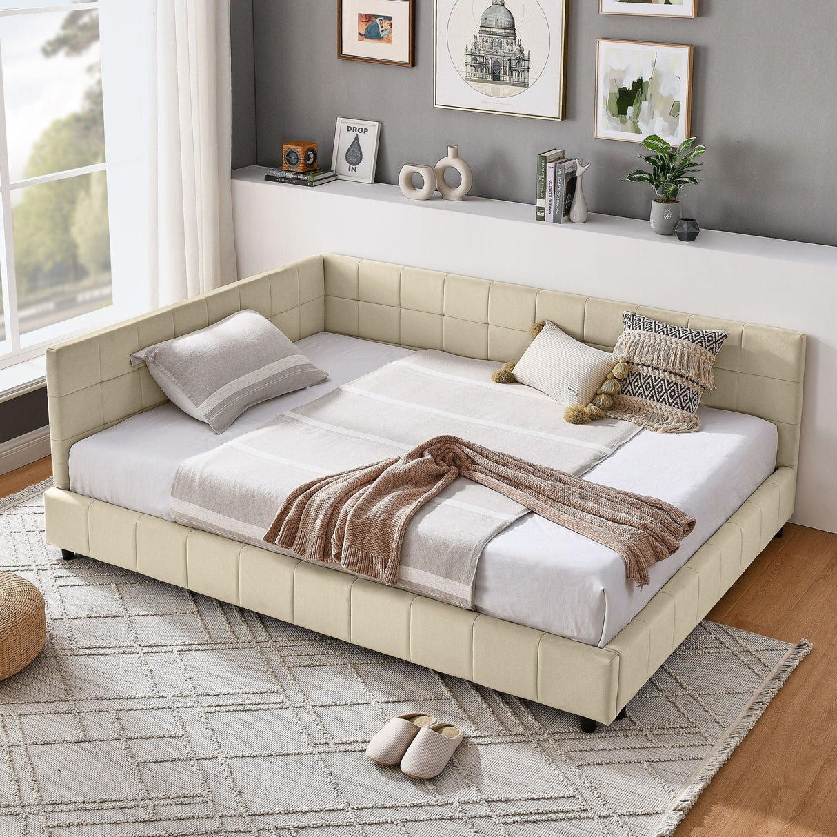 Mid-Century Storage Upholstered Tufted Bed Frame With Backrest And Armrests - Furniture Home Direct
