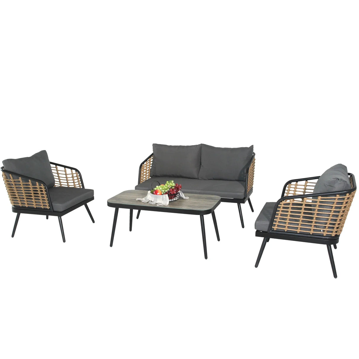 4 Pieces Patio Furniture Set, PE Rattan Wicker With Washable Cushion And Tempered Glass Tabletop, Conversation Furniture For Garden Poolside Balcony - Furniture Home Direct