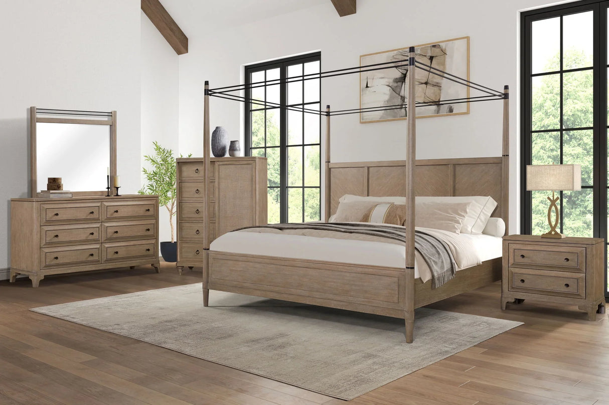 Queen Canopy Bedroom Set With A 2 Drawer Nightstand A Modern Dresser With Poster Mirror And A Door Chest - Sand - Furniture Home Direct