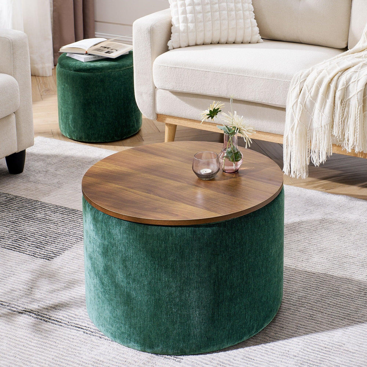Classic 2 Piece Round Storage Ottoman Set With Drum Shaped Stool - Furniture Home Direct