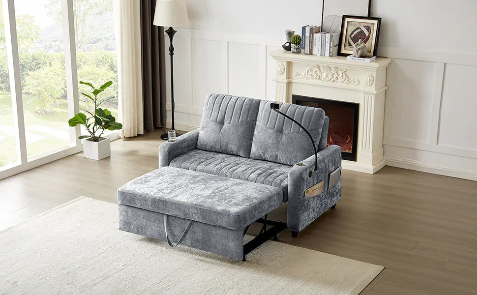 Sleeper Sofa With Adjustable Backrest, Two Cup Holders, Phone Holder, Three Charging Ports And Side Storage Pockets - Gray - Furniture Home Direct