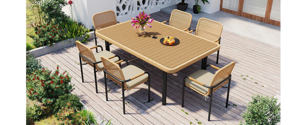 7 Piece Outdoor Dining Set With Wicker Chairs and Oatmeal Cushions - Furniture Home Direct