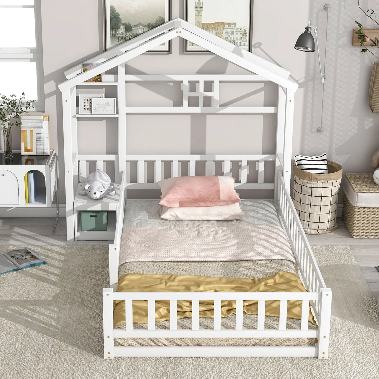House-Style Headboard Floor Bed With Fence Guardrails Without Cushion - Furniture Home Direct