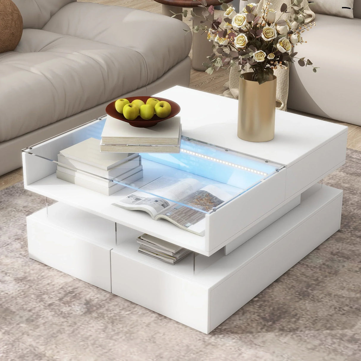 Lift Top Coffee Table With 2 Drawers, Hidden Space And LED Lights For Living Room - Furniture Home Direct