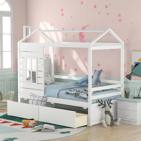 Twin Size Classic House Bed With 2 Drawers - White - Furniture Home Direct