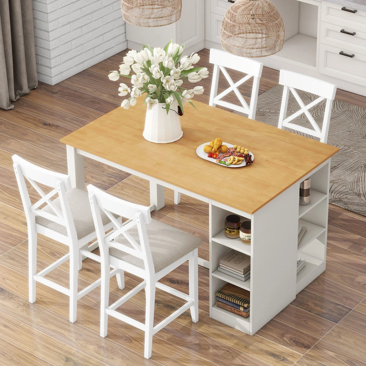 Solid Wood Farmhouse Counter Height Dining Table Set With 3 Tier Storage Shelves - Furniture Home Direct