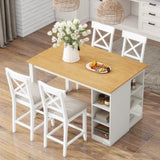 Solid Wood Farmhouse Counter Height Dining Table Set With 3 Tier Storage Shelves - Furniture Home Direct