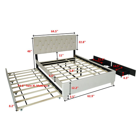 Queen Bed With Pull Out Trundle & Storage Drawers, No Box Spring Required, Space Saving Design - Beige - Furniture Home Direct