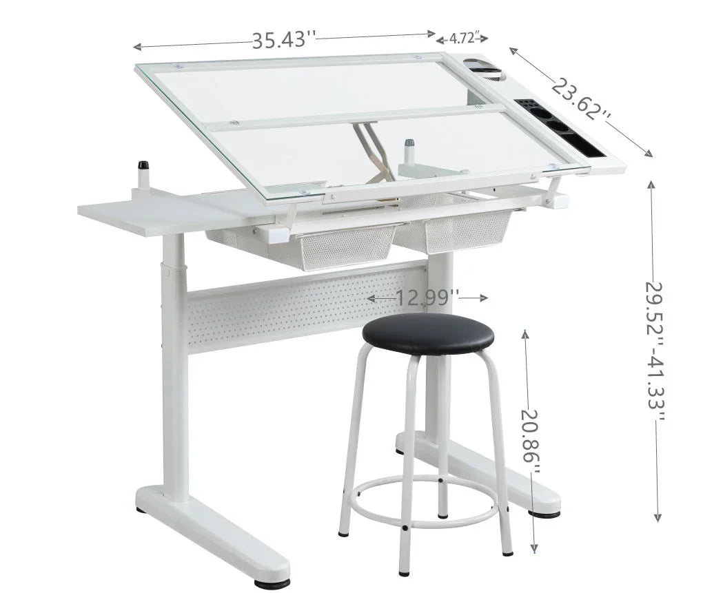 38.18" Hand Crank Adjustable Drafting Table Drawing Desk With 2 Metal Drawers With Stool - Furniture Home Direct