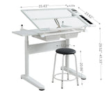 38.18" Hand Crank Adjustable Drafting Table Drawing Desk With 2 Metal Drawers With Stool - Furniture Home Direct