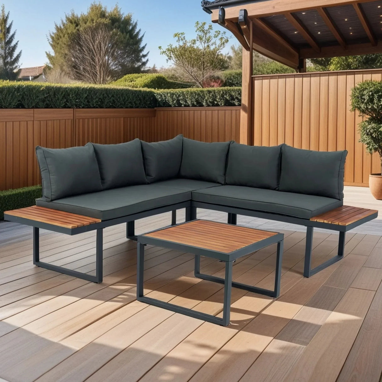 4 Piece L-Shaped Patio Wicker Outdoor 5 Seater Sectional Sofa Seating Group Conversation Sets With Side Table & Cushions - Dark Gray - Furniture Home Direct