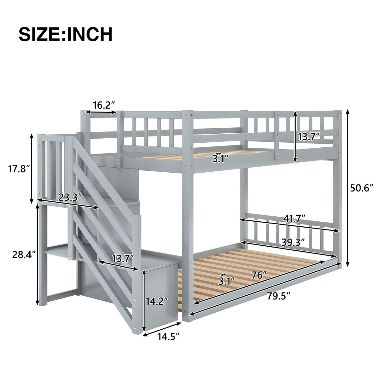 Twin Over Twin Floor Bunk Bed, Ladder With Storage - Furniture Home Direct