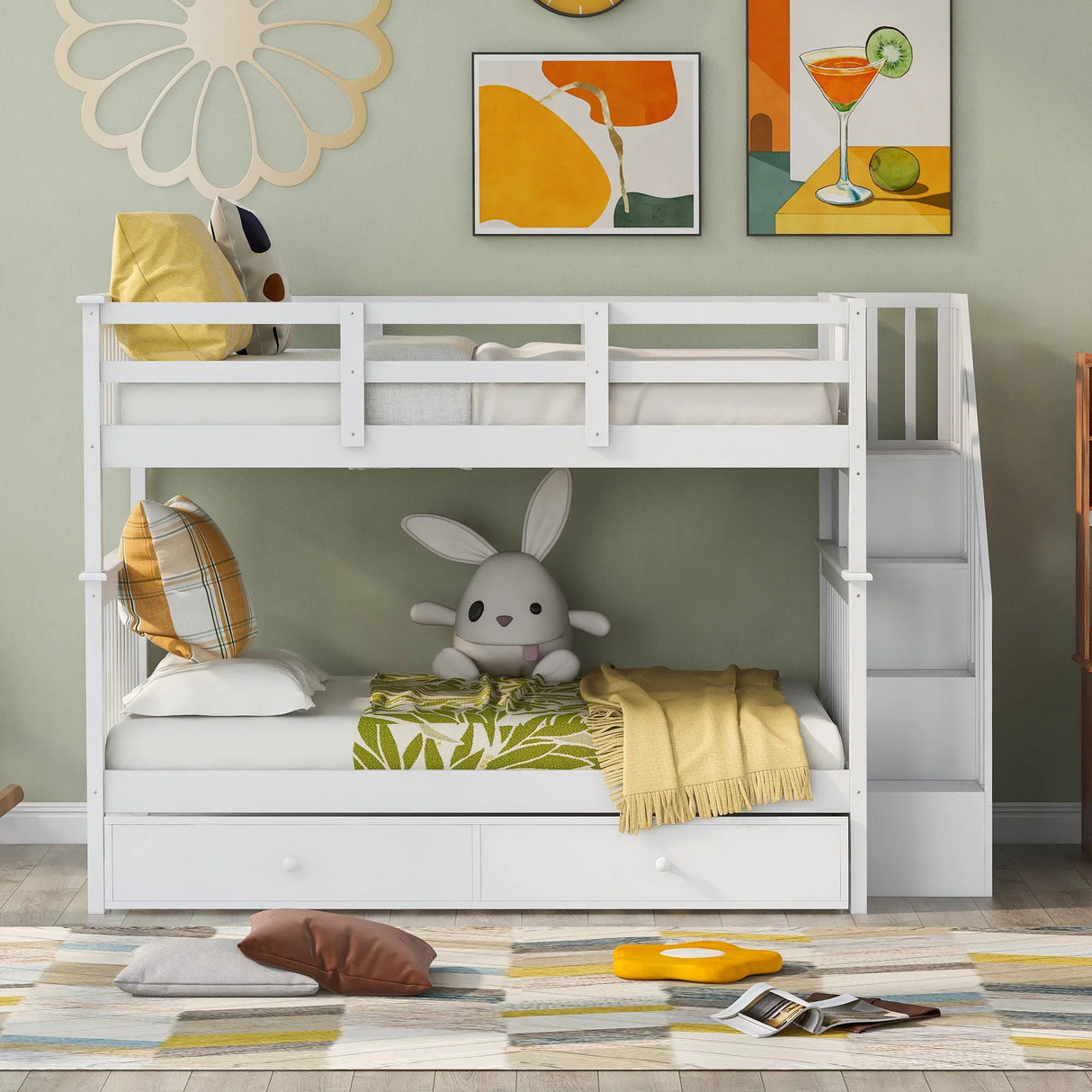 Stairway Bunk Bed With Storage And Guard Rail For Bedroom - Furniture Home Direct