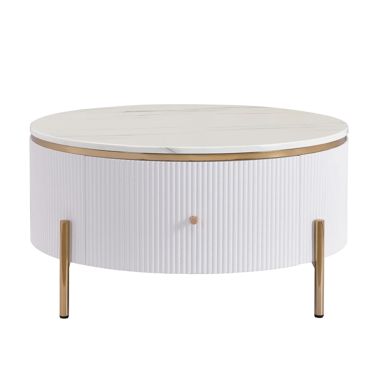 Round Coffee Table with Drawers and Gold Accents White - Furniture Home Direct