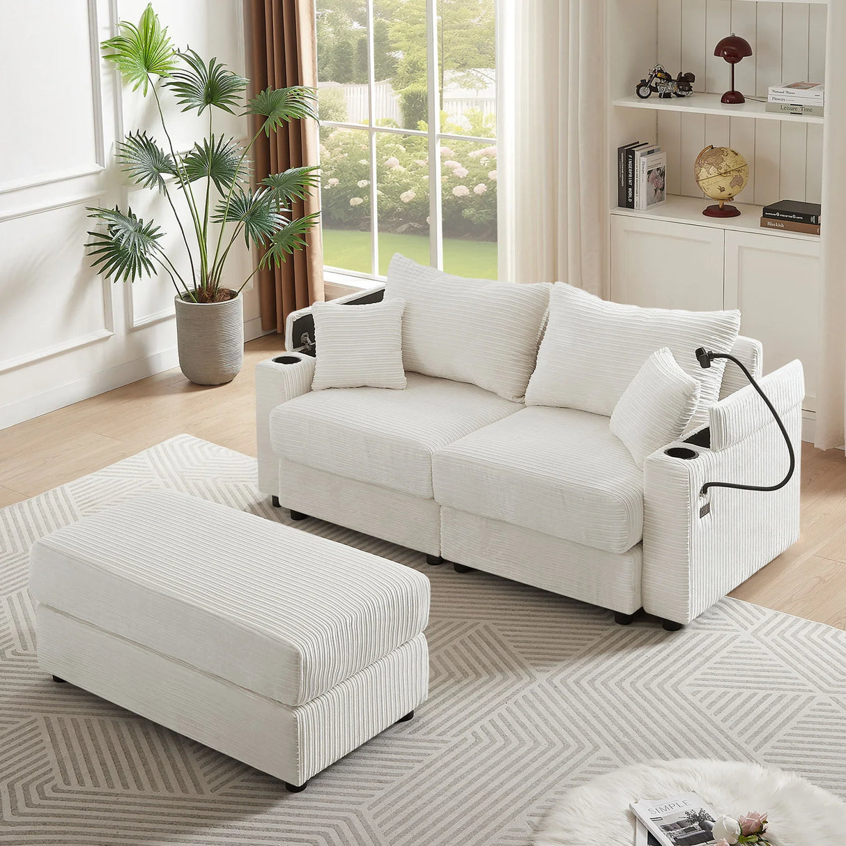 Modern Style Loveseat Sofa Sectional Sofa Couch With Storage Space, A Movable Ottoman, Two USB Ports, Two Cup Holders, A Phone Holder For Living Room - Furniture Home Direct