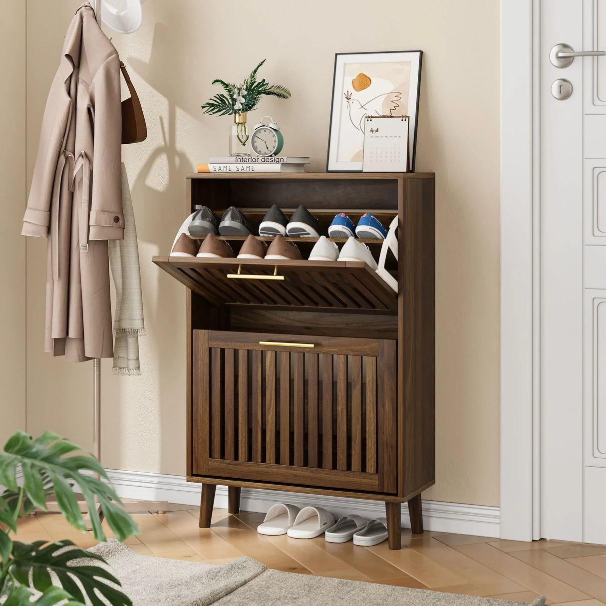 Medieval Modern Shoe Cabinet With 2 Flip Drawers And Fence Design - Furniture Home Direct