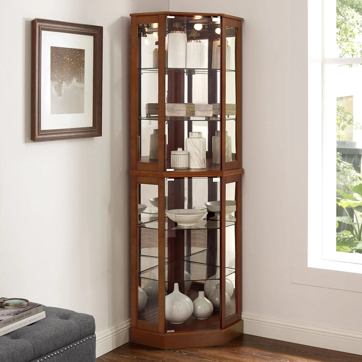 6 Shelf Corner Curio Display Cabinet With Lights, Mirrors And Adjustable Shelves (E26 Light Bulb Not Included) - Furniture Home Direct