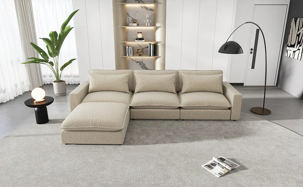 Cloud Sectional with Ottoman, Charging Ports and Three Back Pillows - Beige - Furniture Home Direct