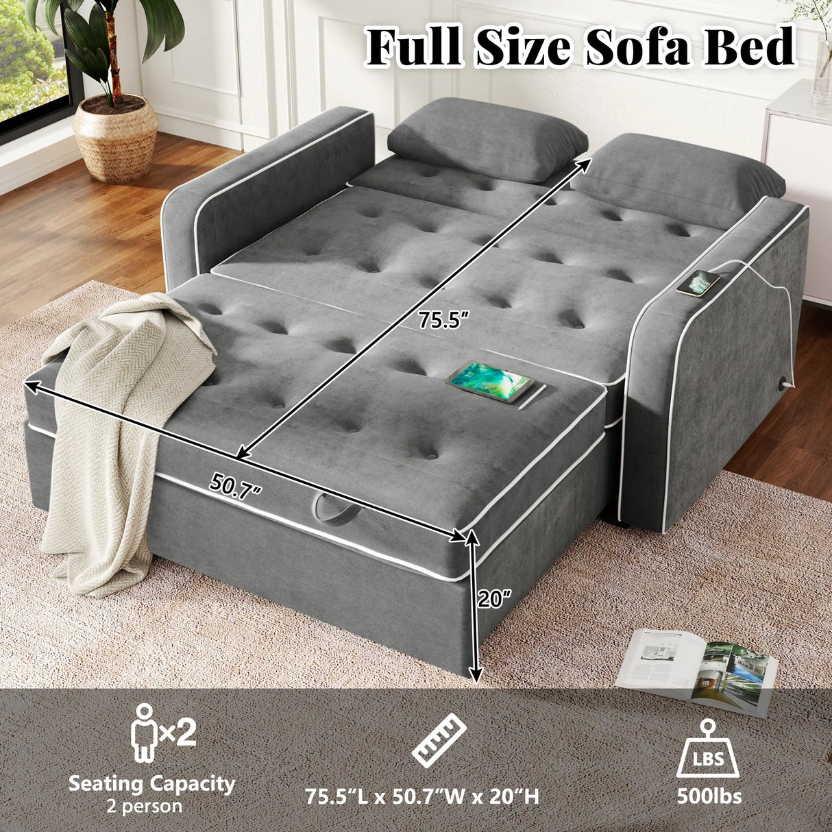 Upholstered Loveseat with Pull Out Sofa, Two Throw Pillows, Dual USB Charging Port And Adjustable Backrest - Gray - Furniture Home Direct