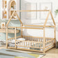 Floor Wooden Bed With House Roof Frame, Fence Guardrails - Furniture Home Direct