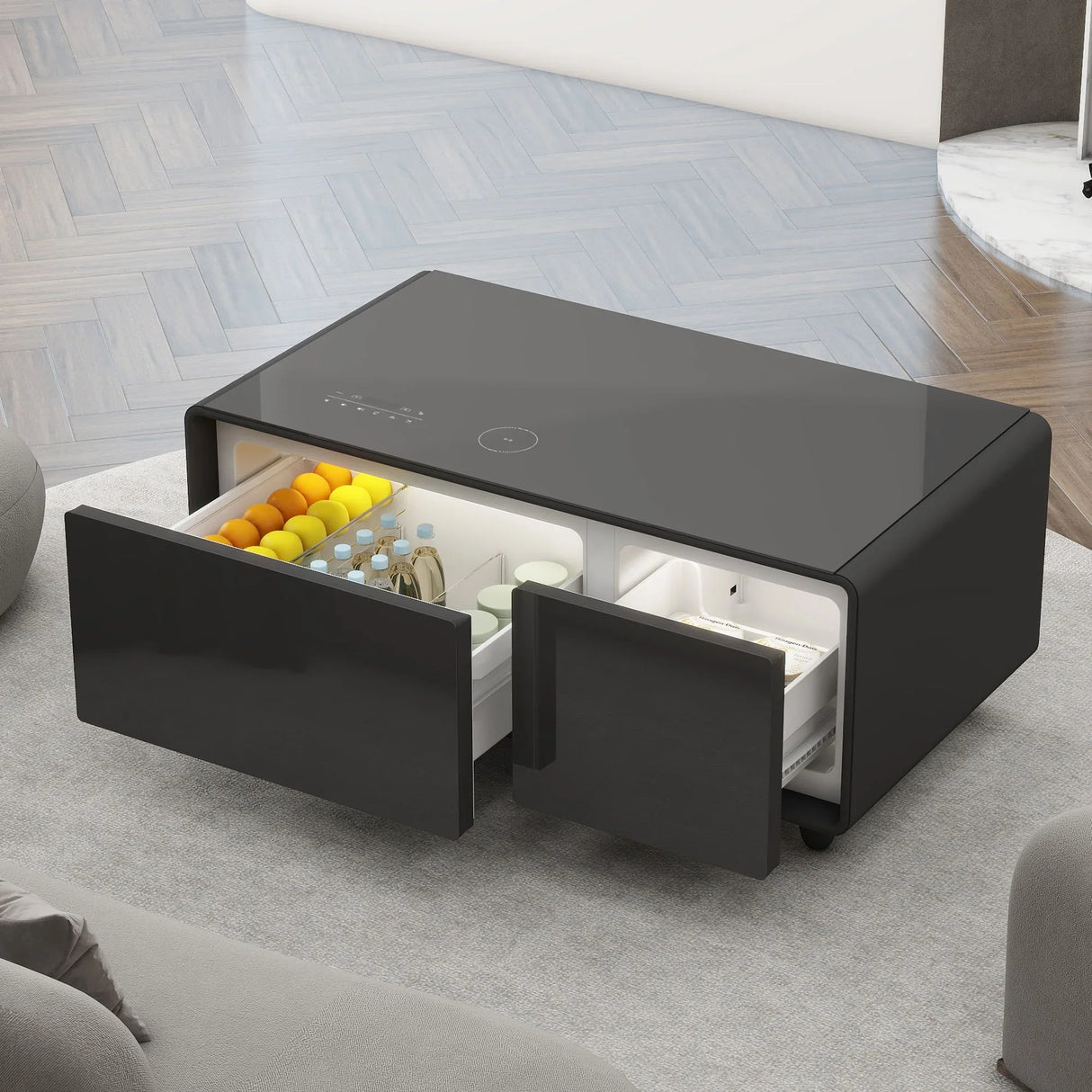 Modern Smart Coffee Table With Built-In Fridge - Bluetooth Speaker, Wireless Charging, Touch Control Panel, USB Interface, Outlet Protection, Atmosphere Light - Furniture Home Direct