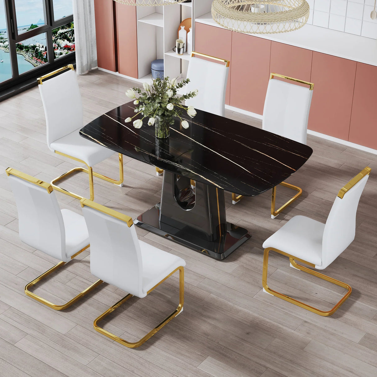 Dining Table With Imitation Marble Top, Modern Black - Furniture Home Direct
