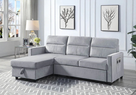 Ruby - Velvet Reversible Sleeper Sectional Sofa With Storage Chaise And Side Pocket - Light Gray - Furniture Home Direct
