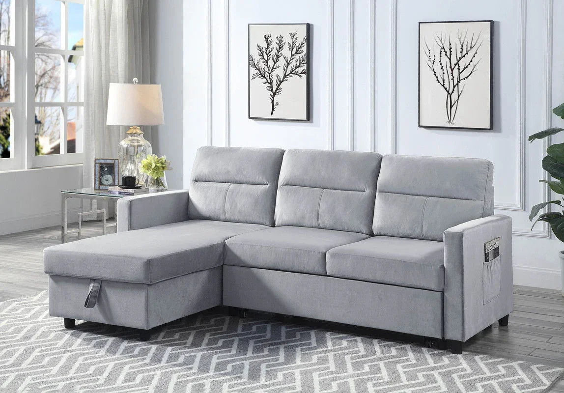 Ivy - Velvet Reversible Sleeper Sectional Sofa With Storage Chaise And Side Pocket - Furniture Home Direct