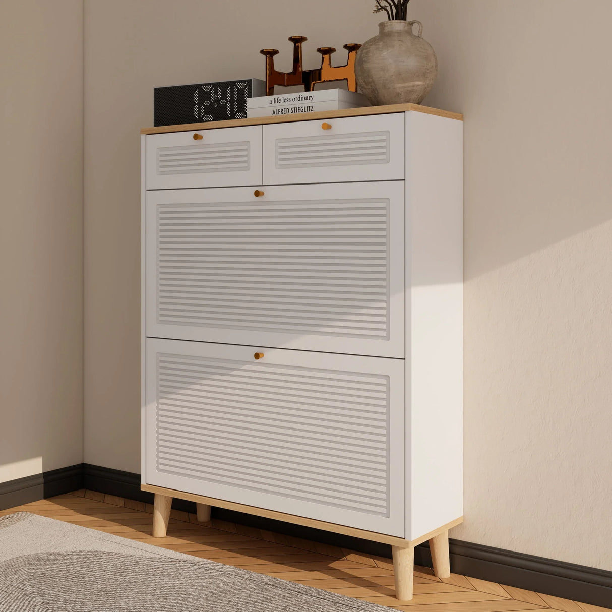 Modern Freestanding Shoe Cabinet With Flip Up Doors And Drawers, Compact Design For Entryway - White Natural - Furniture Home Direct