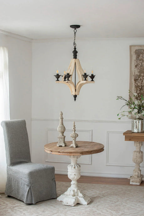 6 Light Wood Chandelier, Hanging Light Fixture With Adjustable Chain For Kitchen, Bulb Not Included - Cream - Furniture Home Direct