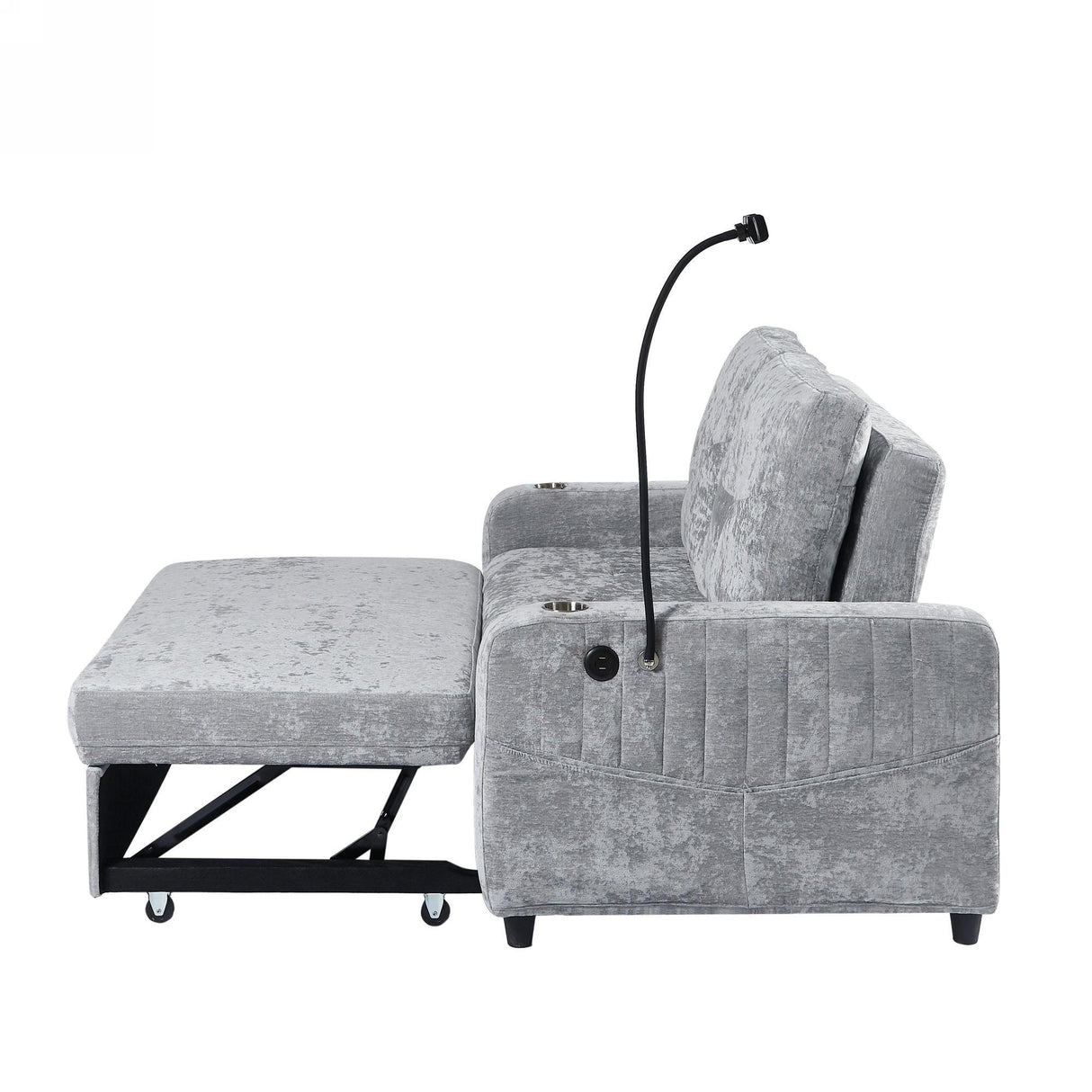 Sleeper Sofa With Adjustable Backrest, Two Cup Holders, Phone Holder, Three Charging Ports And Side Storage Pockets - Gray - Furniture Home Direct