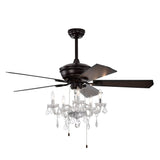 52" Crystal Shade Ceiling Fan Lamp, 3 Speed, 4 Timing, 5 Reversible Blades Crystal Ceiling Fan, 5 Pieces X E12 (No Include Bulb), Hand Pull Chain - Matte Black - Furniture Home Direct